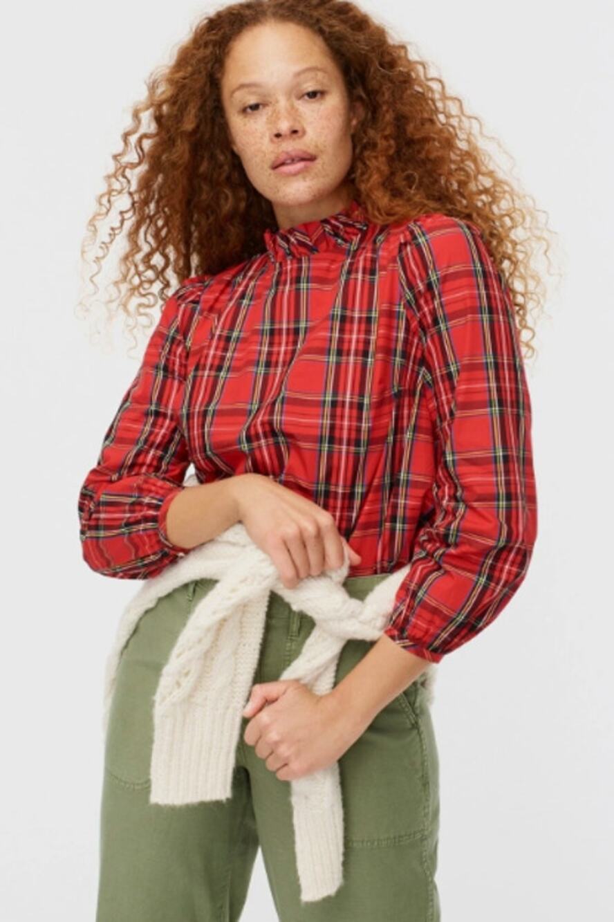 J. Crew Red Stewart Tartan Plaid Ruffle Neck Long Sleeve Top Size XL